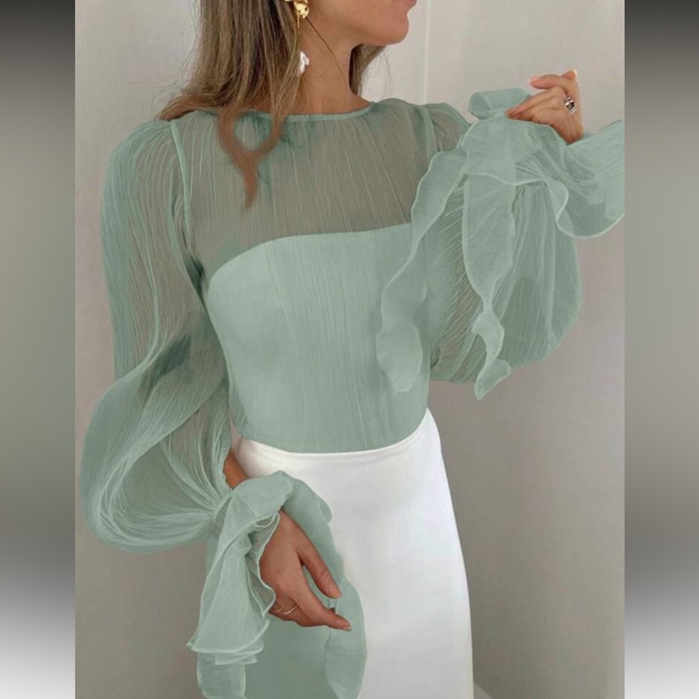Elegant Sheer Green Blouse with Ruffled Sleeves